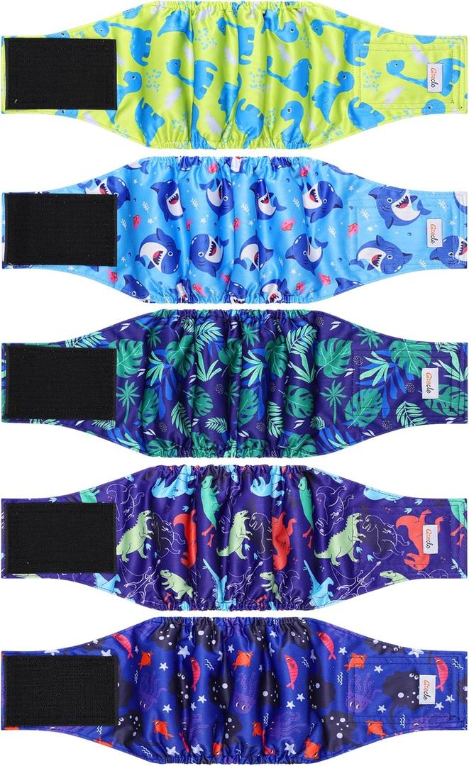 5 Pack Dog Diapers Male Reusable, Premium Belly Bands for Dogs, High Absorbing Male Dog Pee Wraps for Doggie in Incontinence or Excitable Urination Dinosaur M (Dino Jungle Set)