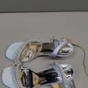 Coutgo Womens Pearl Kitten Heels Sandals Square Open Toe Dress Sandals Ankle Strap Satin Wedding Party Summer Sandals, Sky Blue, size 9.5