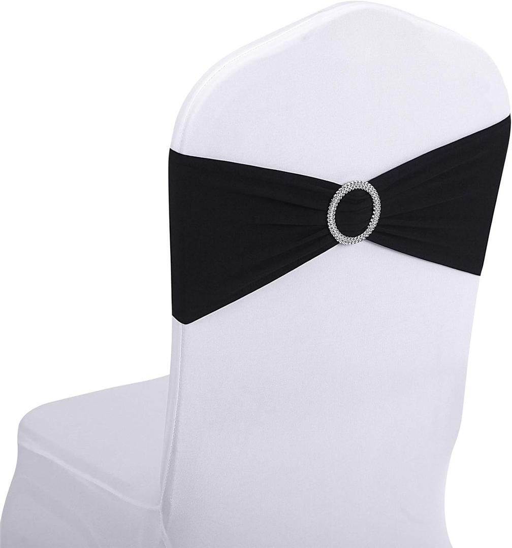 Peomeise 100pcs Black Spandex Chair Sashes with Buckle Slider for Wedding, Party Decoration