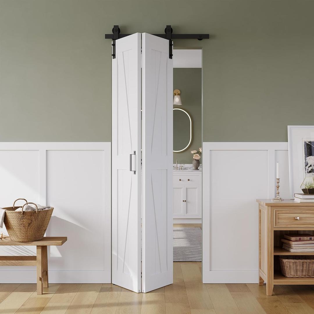30" x 84" Bifold Sliding Barn Door, K Shaped Panel with Sliding Hardware Kit Set, Finished Closet Door Slab, 2.83FT Track for 2 Doors, MDF, White