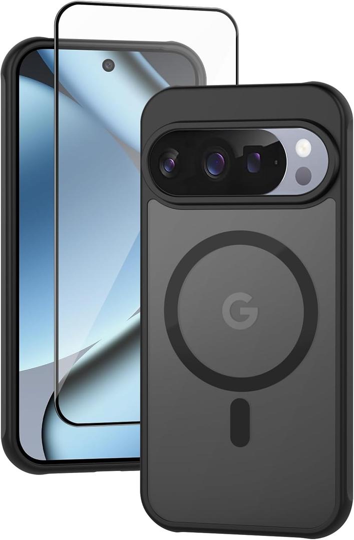Meliya for Google Pixel 10/10 Pro Case, [Compatible with MagSafe] Magnetic Matte Shockproof Protective Cover Case with Tempered Glass Screen Protector, Black