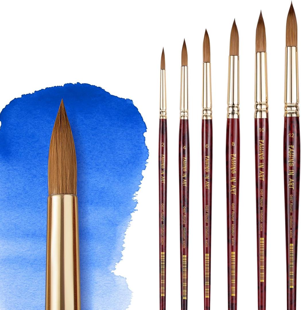 Falling in Art Paint Brushes, Watercolor Paint Brush Set with Sable Hair, Different Tips Size, Wooden Handle, Ideal Artist Brush for Watercolor Painting, 6Pcs (Round)