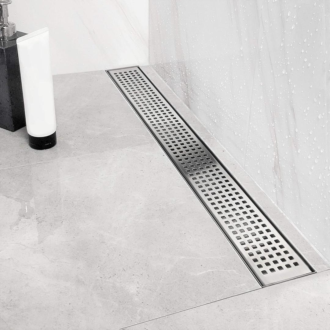 Neodrain 60-Inch Linear Shower Drain with Quadrato Pattern Grate, Professional Brushed 304 Stainless Steel Rectangle Shower Floor Drain Manufacturer, Linear Drain with Leveling Feet,Hair Strainer