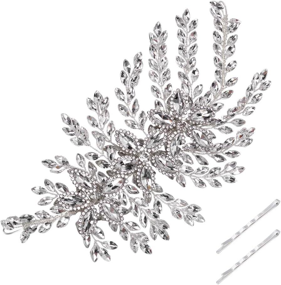 FINGERINSPIRE Handcrafted Rhinestone Beaded Applique Patches 8.5x4.3x0.4 Inch Bright Crystal Patches 3D Flower Rhinestones Appliques with 2ps Hair Bobby Pins for Wedding Dress Clothing Craft DIY