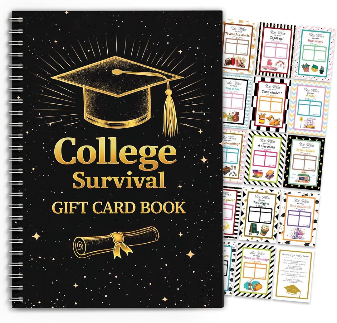 College Gift Card Book 2026, Graduation Money Holder, Black Gold Spiral Bound Design for Leaving Home Students, College Survival Kit, High University School Care Package Cash for Teens, Girls, Boys