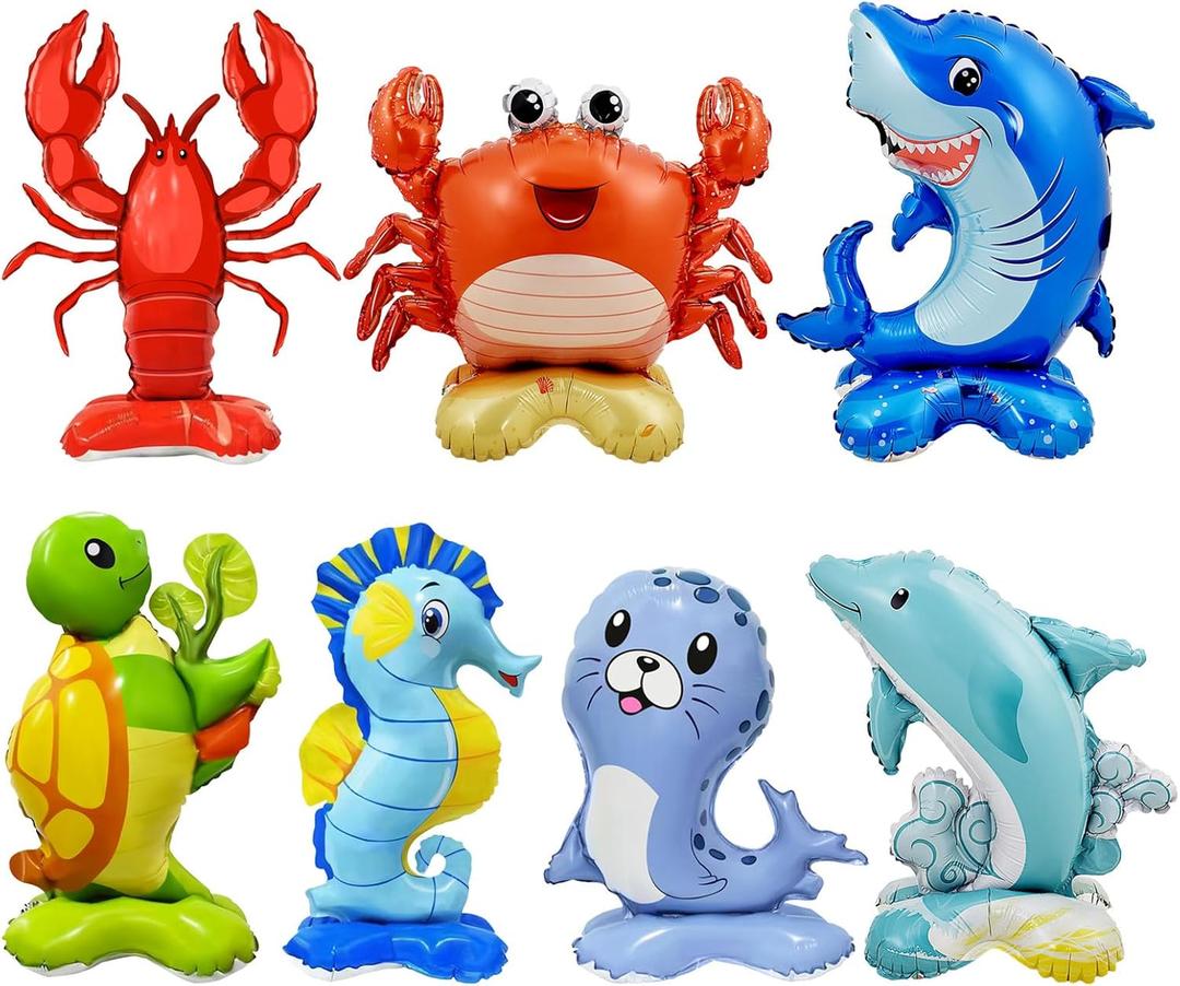 7 Pcs Ocean Animal Balloons - Standing Turtle Seahorse Dolphin Shark Crab Lobster Sea Lion Foil Balloons for Under The Sea Themed Party Decorations