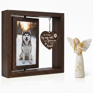 Dog Memorial Picture Frame – 4x6 Rotating Frame, Eco Pet Memorial Frame Keepsake Kit with Angel Holding Figurine – Sympathy Gift for Dog & Cat Lovers