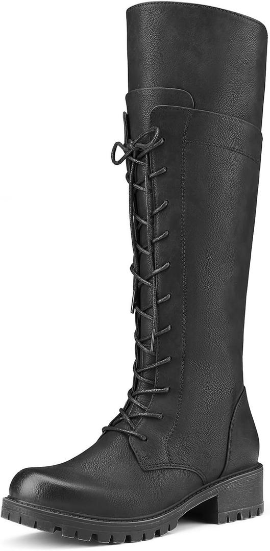 Women's Knee High Combat Boots Riding Biker Boots Lace Up Tall Boots for Women with Zipper (6, Black)