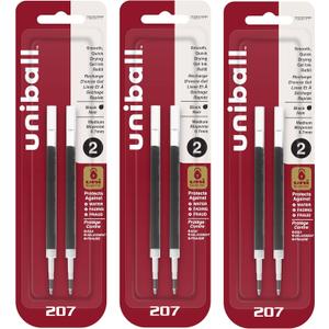 Uniball Signo 207 Gel Pen Refills, 0.7mm Medium Point, Black Ink, 6 Refills