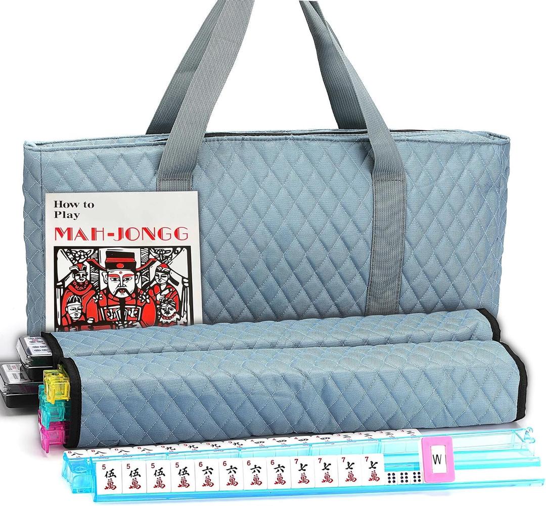 American Mahjong Game Set - Pearl Gray Quilted Soft Bag - 166 White Engraved Tiles, 4 All-in-One Rack/Pushers Complete Western Mah-Jongg, Maj Jongg, Ma Jong Set, Case: 20 Inches X 11 Inches X 5 Inches