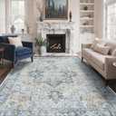 GENIMO 10x14 Area Rugs for Living Room, Machine Washable Rug, Non Slip Vintage Rugs, Low Pile Lightweight Chenille Print Rug for Bedroom, Dining Room, Home Office, Blue