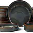 LIANYU Dinnerware Sets with Pasta Bowls, 16 Piece Plates and Bowls Set for 4, Ribbed Stoneware Dishes Set for Kitchen Dining, Microwave and Dishwasher Safe, Jungle Green