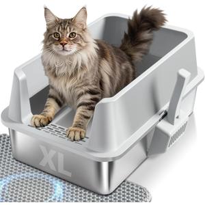 Stainless Steel Litter Box, XL Metal Litter Box with High Sides Lid, Extra Large Cat Litter Boxes for Big Cats, Anti-Urine Leakage, Non-Sticky, Easy Cleaning, Include Mat & Scoop