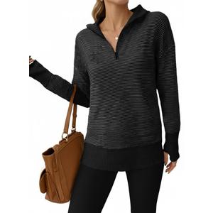 Saodimallsu Womens Quarter Zip Sweaters Striped Color Block Knit Sweatshirt Casual Trendy Pullover Tops with Thumb Hole Dark Grey (Gray)