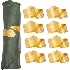 HEZILUO Gold Leaf Napkin Rings Set of 8, Metal Leaves Napkin Ring