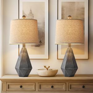 PoKat 20.25" Rustic Farmhouse Table Lamp Sets of 2 for Living Room Bedroom Deep Grey Contemporary Classic Bedside Nightstand Lamp with White Fabric Shade, Suitable for Small Place (20.25 Small Szie, Dark Grey)