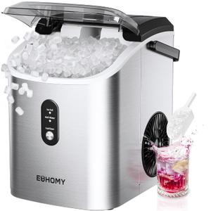 EUHOMY Nugget Ice Maker Countertop with Handle, Ready in 6 Mins, 34lbs Per Day, Removable Top Cover, Auto-Cleaning, Portable Sonic Ice Maker with Basket and Scoop, for Home/Party/RV/Camping (Silver) (Steel Light Silver)