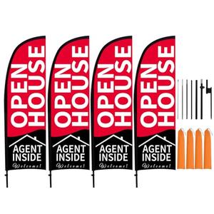 MESIXI 8.2 ft Open House Flags Signs for Real Estate Agents Advertising Supplies, Feather Flag with Pole Kit and Ground Stake, Yard Sign Banner Flagpole Posts for Opening Businesses Outside Red