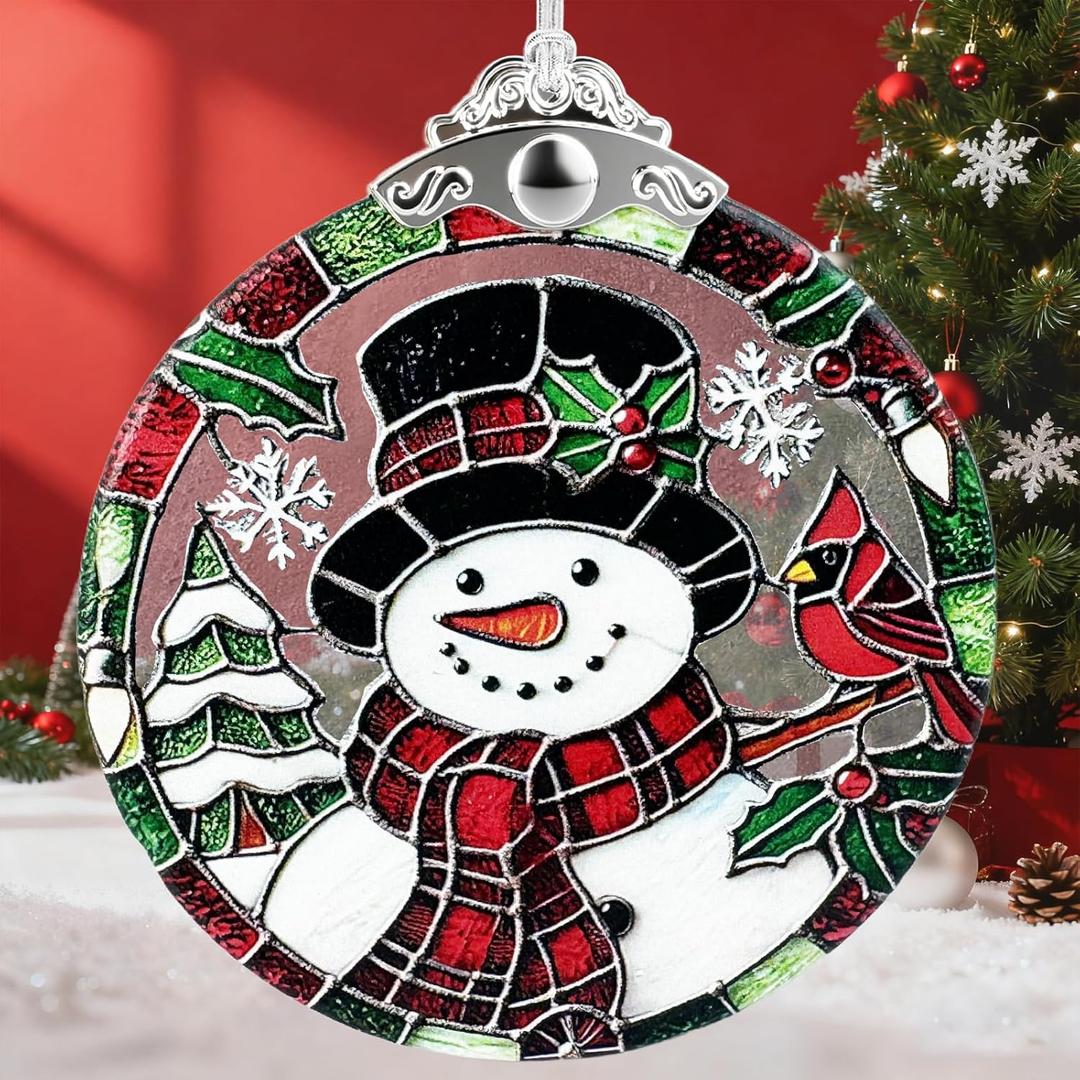 Snowman Stained Glass Ornament - Winter Gift for Xmas,Christmas Tree Decorations, Exchange Present
