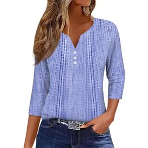 3/4 Length Sleeve Womens Shirts Henley Neck Casual Petite Summer Tops for Seniors (Blue, XL)