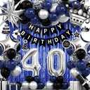 40th Birthday Decorations for Men and Women, Black Blue Silver Happy Birthday Number 40 Balloons, Banner, Fringe Curtains Garland Kit - 40 Year Old Party Supplies