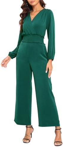 YUNDAI Womens Jumpsuit Fall Long Sleeve V Neck Casual Loose One Piece Outfits Wrap Waist Pants Long Romper with Pockets, Large, Dark Green 