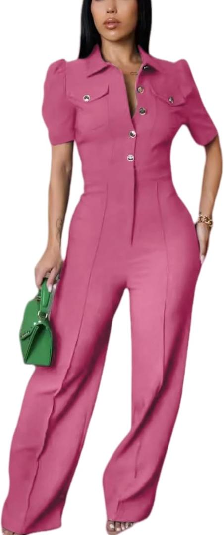 Women's formal elegant and sexy straight pants business party jumpsuit (Pink, S)