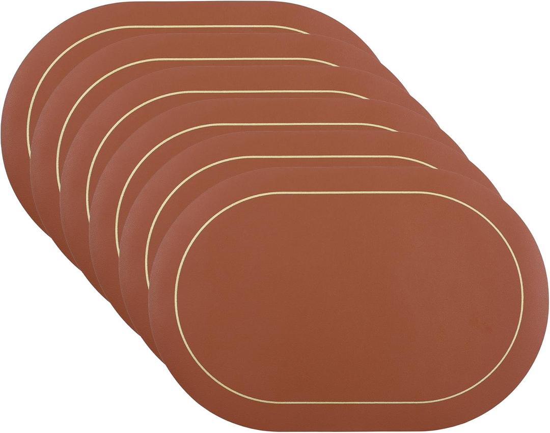 DRMHM Set of 6 Placemats, Faux Leather Placemats for Kitchen Dining Table Decor, Washable Heat Resistant Table Placemats Wipeable Table Mat 18 * 12in Brown