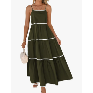 Boho Summer Dresses 2025 Spaghetti Strap Backless Sundress RIC Rac Trim Tiered A-Line Long Casual Vacation Dress, Large
