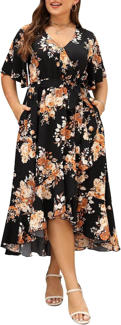Keluummi Plus Size Summer Wedding Guest Maxi Dress for Curvy Women, V Neck 3/4 Sleeve Empire Waist A Line Floral Long Dress (Black, L)