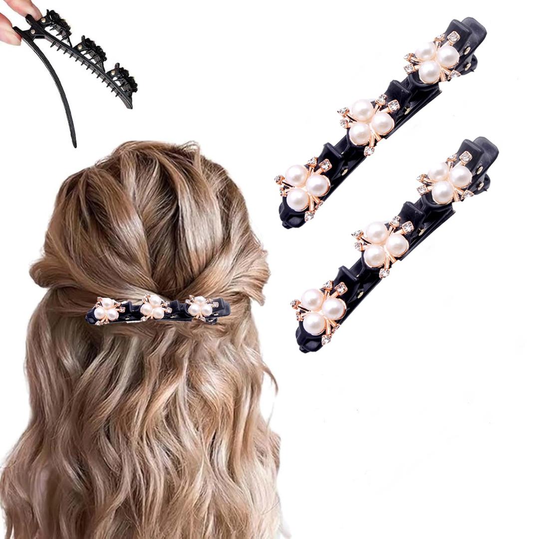 2 Pcs Sparkling Crystal Stone Braided Hair Clips, 2025 New Satin Fabric Hair Bands Rhinestone Four-Leaf Clover Hair Clip for Styling, Duck Bill Clips for Women Girls, Color S