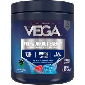 Vega Pre-Workout - 200mg Caffeine, Energy & Focus Drink Mix, Blue Raspberry, 25 Servings, 1.6g Beta Alanine, 6g Citrulline Malate, Vegan, Gluten-Free, Dairy Free, No Sugar Added, 8.4oz, Best Before: 2027/JAN/06