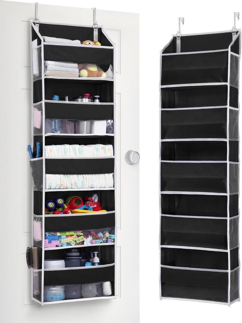 ULG 1 Pack Over The Door Organizer 5 Shelf Door Organizer Hanging & 10 Side Pockets, Reinforced 44LB Capacity Hanging Organizer, Behind The Door Storage for Bedroom, Nursery, Pantry (Black)