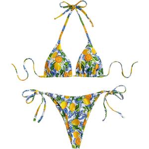 GORGLITTER Women's High Waisted Thong Bikini Set Lemon Graphic Halter Triangle Top Swimsuit Bathing Suit (Large, Orange Multicolor)