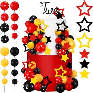 57 Pcs Black Red Yellow Ball Star Cake Topper Set Cartoon Cake Decorations with Flag DIY Insert Topper for One Two Years Happy Birthday Decorations Baby Shower Party Supplies(Happy Birthday)