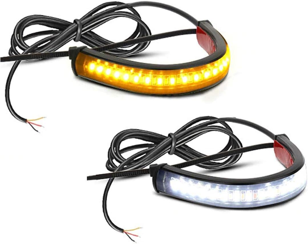 2PC Flexible Switchback Dual-Color White & Amber Motorcycle LED Fork Turn Signal Blinkers DRL Daytime Running Light Waterproof Adjustable Stips Bars kit Universal Fit Motorbike (39mm-70mm)