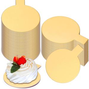 Teenyyou 200 Pcs 2 Inch Mini Cake Boards with Tab Small Round Dessert Plates Bulk Pastry Waxed Cake Coaster for Cupcake Tiny Dessert Display Trays, Party Wedding Birthday Party Favors(Gold)