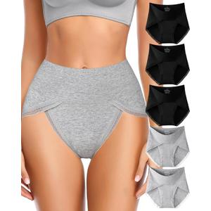UMMISS Cotton Underwear for Womens High Waisted Slight Tummy Control High Cut Panties Full Coverage Ladies Briefs 5 Pack (XX-Large, C-black*3, Grey*2-5 Pack)