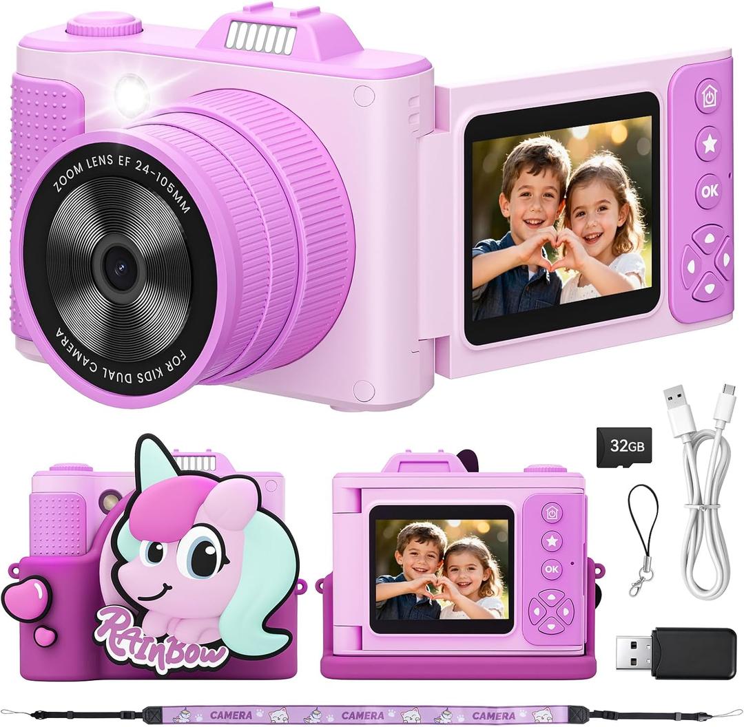 Kids Camera, Christmas Birthday Gifts for Boys Girls Age 3-12,Upgrade HD Flip Digital Video Cameras for Kids, Portable Toys for 3 4 5 6 7 8 9 10 Year Old Childrens with 32GB SD Card-Purple