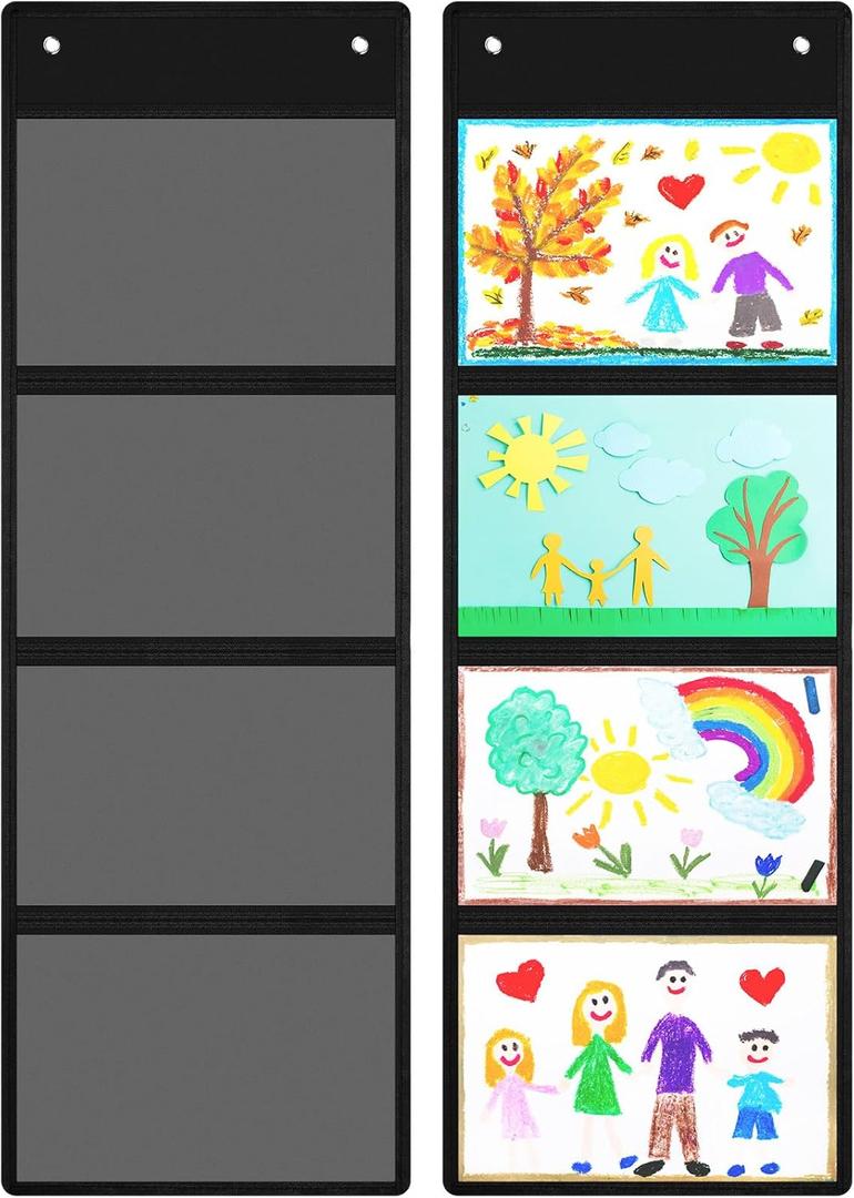 2 Pcs Storage Pocket Chart for Classroom 37.4 x 13 in, 4 Pockets Hanging Wall File Organizer for Cards, Drawing, Pictures, Class Demonstrations, Homework, Teacher Office Organization (Black)