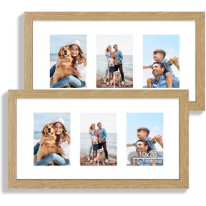 Hongkee 10x20 Picture Frame Set of 2, Natural Oak Wood Frame with Real Glass Collage Frame, Display Pictures Three 5x7 With Mat or 10 x 20 Without Mat - Horizontal or Vertical Wall Mounting
