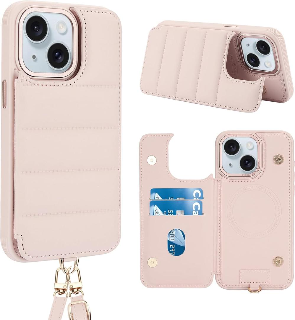 Crossbody Wallet Case for iPhone 13/iPhone 14 with Strap,RFID Blocking Leather Flip Case for Women with Card Holder,Magnetic Purse Shockproof Cover with Kickstand,Lanyard,Pale Pink