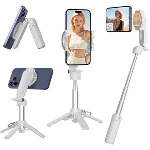 14.5" Mini Magnetic Tripod for iPhone, 4 in 1 Portable Pocket Size Selfie Stick for iPhone MagSafe/Android with Remote/Cold Shoe Mounts, Small/Compact Cell Phone Tripod Stand for Travel Vlogging-White