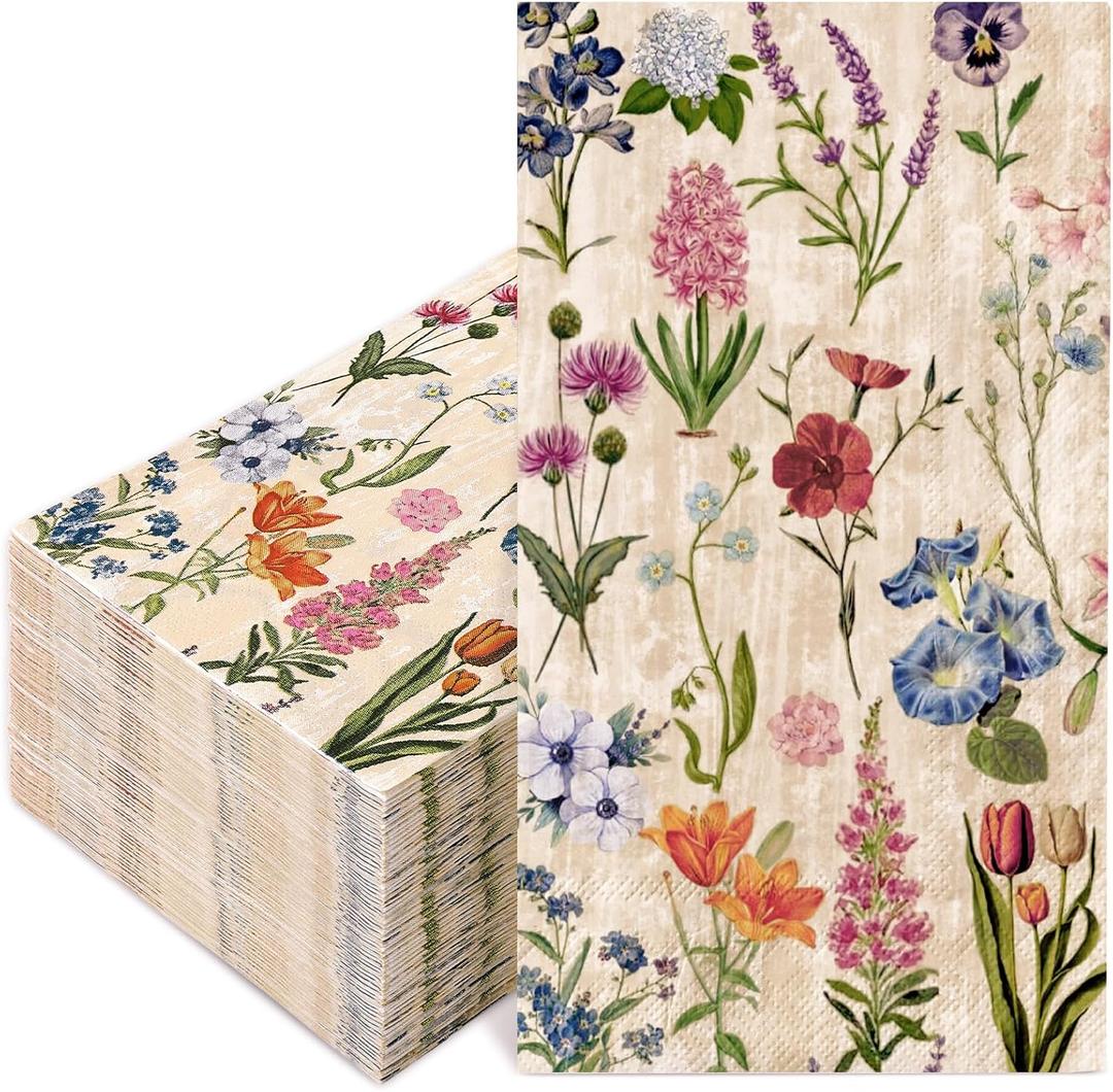 FYSUIMU 50 Pcs Retro Floral Guest Napkins Vintage Wildflower Disposable Napkins Colorful Flower Dinner Paper Hand Towels for Bathroom Spring Fall Wedding Party Table Supplies