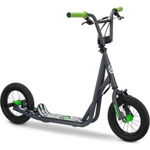 Mongoose Expo Kick Scooter, BMX-Style Handlebar & Brake Cable Rotor, Wide Foot Deck for Kids Youth Boys Girls Ages 6 and Up, Rear Axle Pegs, 12-Inch Air Tires, and Max. Weight of 175 lbs. (Green/Grey)