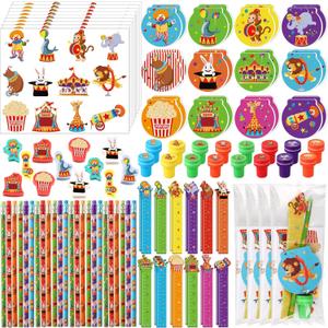 Cholemy 168 Pcs Circus Party Favors Carnival Party Supplies Circus Animal Stationery Set Notebook Sticker Stamper Eraser Ruler Pencil Bag for Carnival Baby Shower Birthday Gift Classroom Prize