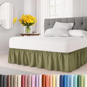 Wrap Around Dust Ruffle Bed Skirt - Sage Green - for Full Size Beds with 12 Inch Drop - Elastic Strap - Adjustable Pleated Bedskirt with Brushed Fabric and Wrinkle Free - for Women, Men, Kids & Teens (07 - Sage Green)