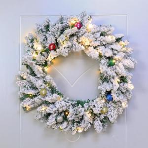 Chuangdi 24 Inch Christmas Wreath Flocked Snow Kissed Pine Wreath Christmas Wreath with Multicolor Foam Ball LED Lights Artificial Christmas Wreath for Front Door Christmas Decor Not Included Battery
