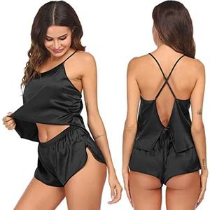 Ekouaer Silk Pajamas Set for Women Satin Backless Lingerie Pjs Cami Top and Shorts Nightwear, Black, Size L