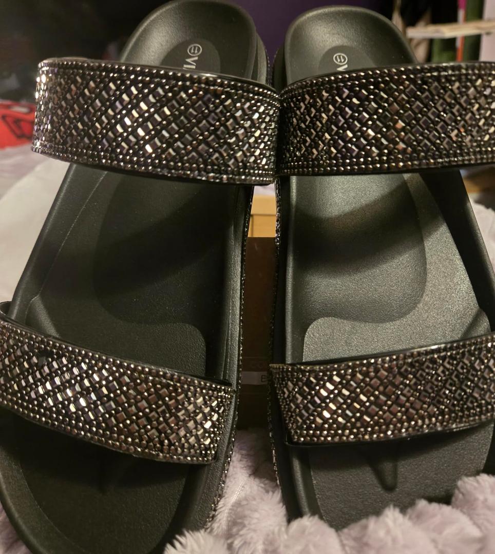 Viapipa Platform Sandals Women, Womens Sandals with Rhinestone Dressy-Sandals Women Glitter Open-Toe Double Strap Arch-Support Slides Summer Sandals Vacation + Comfortable (7, Brown)